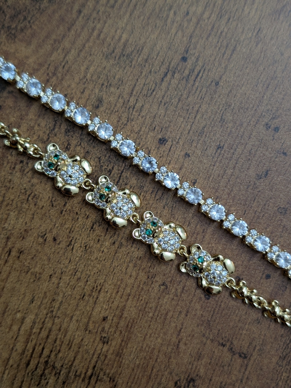 Gold Tone Teddy Bear Link Bracelet with White Crystal Accent Bracelet Set
